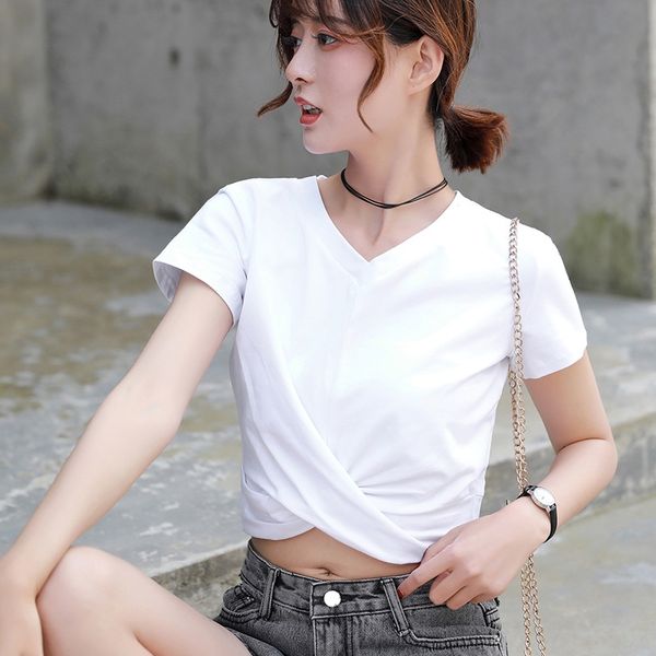 

2020 short v-neck t-shirt women's tight leak navel white cross high waist navel-exposed chic coat t-shirt sexy
