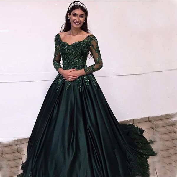 

dark green long sleeves lace prom dresses 2019 appliques beaded off shoulder satin sweep train formal evening party gowns, Black