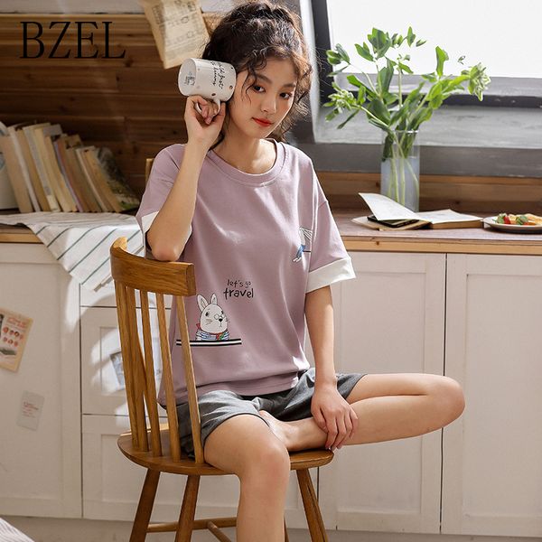 

bzel shorts pajama sets women short sleeve nightwear cotton homewear round-neck pijama mujer casual sleepwear lingerie 2pcs, Blue;gray