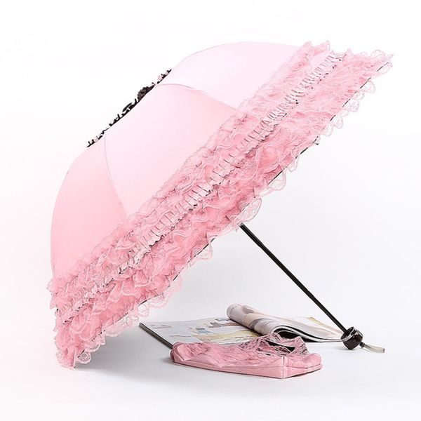 

three folding lace umbrella rain women uv proof sunny/rainy parasol wedding pgraphy umbrellas paraguas 10 color