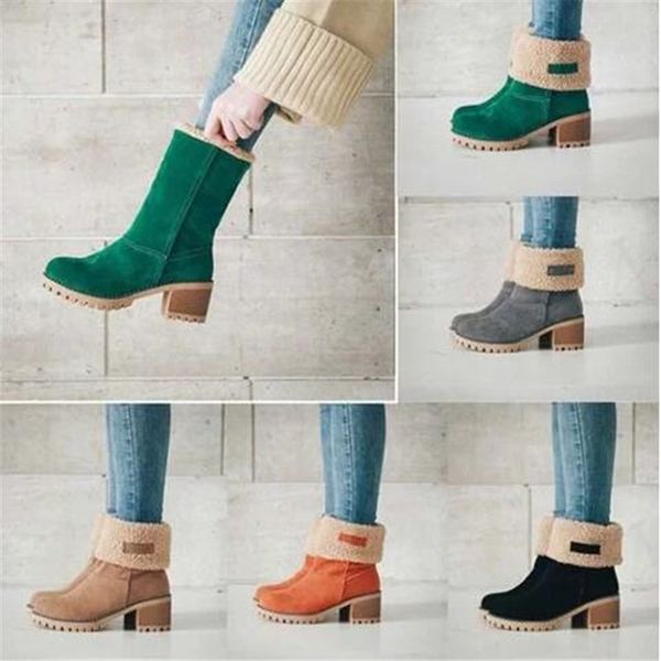 

women snow boots winter fur warm ladies chunky high heels two wear ankle boot female fashion plus size plush women's shoes, Black