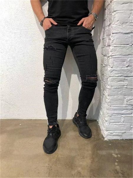

slim fit ripped high streetwear jeans mens clothing fashionable knee holes white striped designer black jeans, Blue