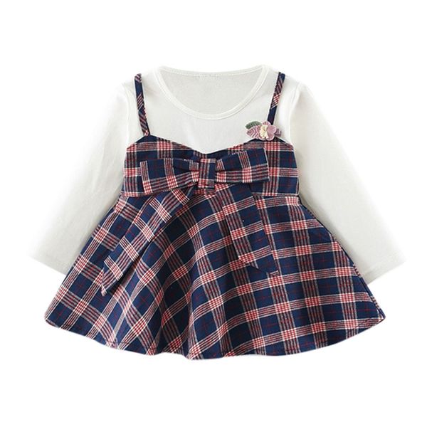 

baby girls mini dress plaid bow flower patchwork printed fake two party dress fashion casual newborn infant baby girl clothes, Red;yellow