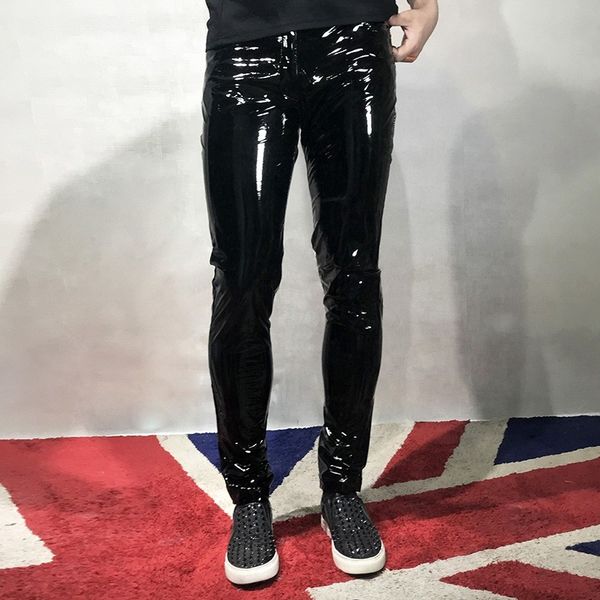 

nightclub wear mens bright pu leather trousers spring autumn thin male skinny black pencil pants plus size costumes