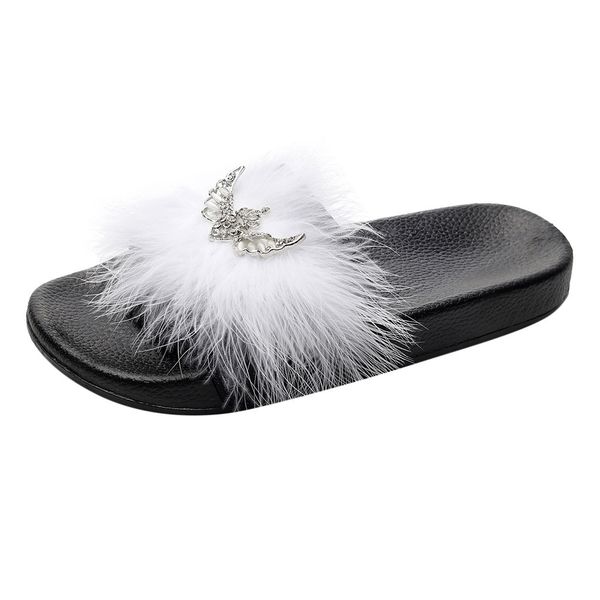

fashion women slipper summer outdoor open toe fur slide shoes ladies diamonds flat comfort casual shoes shallow woman new, Black