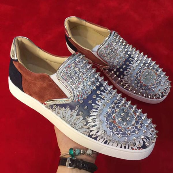 

red bottom flat shoes men boats sneakers flower skin silver rivets men wedding party dress shoes gift rs loafers, Black