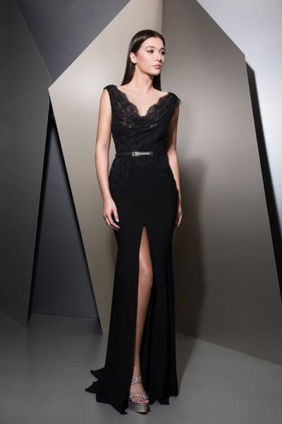 

2019 ziad nakad mermaid prom dresses long black v neck lace formal evening gowns thigh slit sleeveless party dress for women