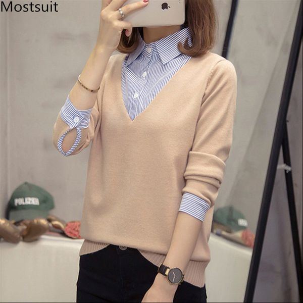 

women autumn knit and blouses plus size fake two piece fashion patchwork striped shirt with collar clothes blusas 2019, White