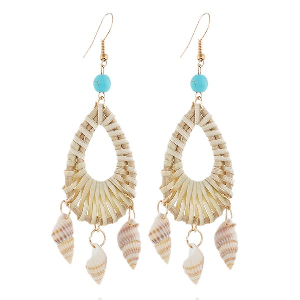 

new style hand-woven natural bamboo weaving earrings western style turquoise conch pendant ear stud women's