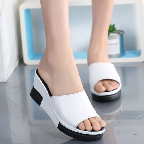 

summer female slippers all-match muffin bottom slope thick soled sandals tide shoes woman, Black