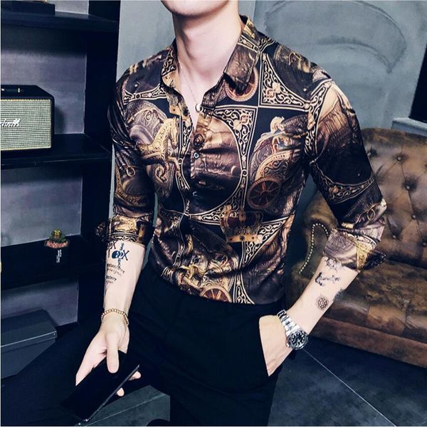 

2019 fashion brand men business shirt luxury gold printed shirt slim fit male masculina trend long sleeve dress shirts s-3xl, White;black