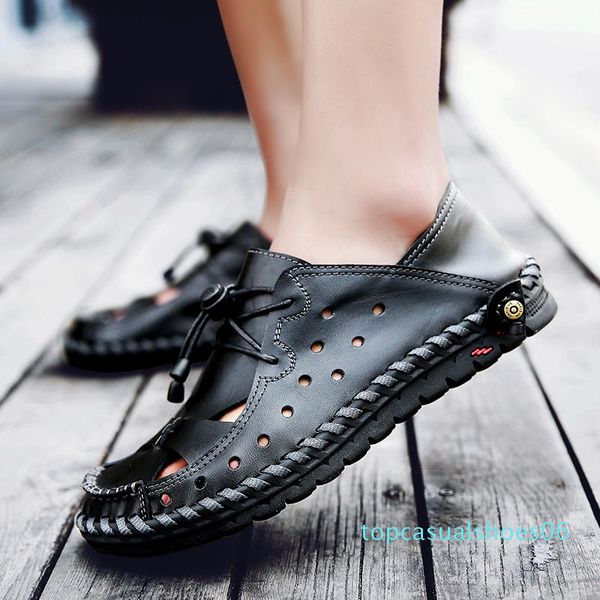 

mens shoe summer slippers men genuine leather breathable sewing handmade sandals beach slippers sandalias hombre sandale hommes 5 tt6, Black