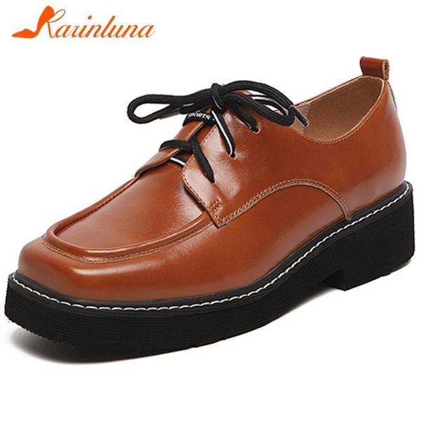 

karin new arrivals 2020 genuine leather lace-up office lady flats woman shoes platform cow leather spring shoes women flats, Black