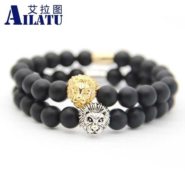 

ailatu 10 pieces 8mm matte onyx stone beads plated lion head men fashion bracelet, Golden;silver