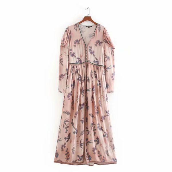 

vintage printing chiffon deep v-neck single breasted woman dress 2020 fashion casual ladies puff sleeve loose dresses d5396, Black;gray