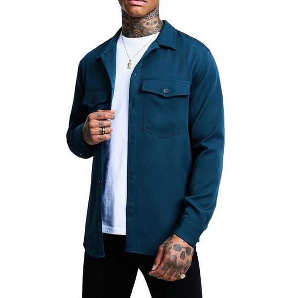 

shunjin 2020 spring men's shirts mens new fashion blouses solid color chest pocket buttons turn down collar long sleeve shirts, White;black