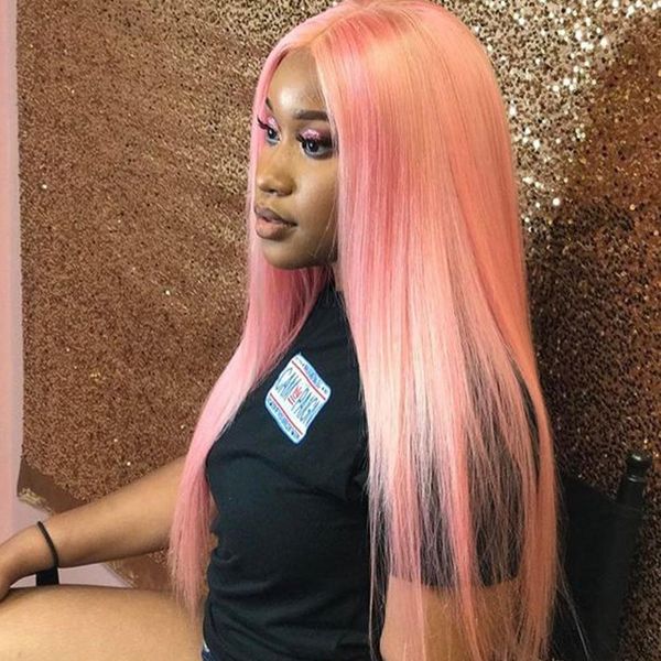 

long silky straight pink human hair lace front wig for black women hair wig