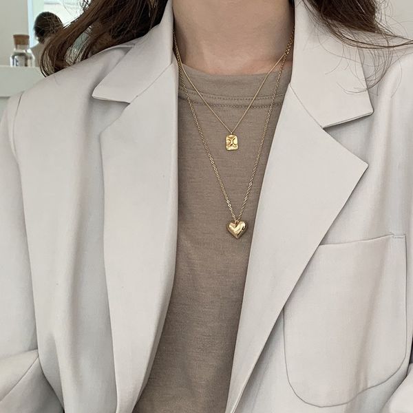 

korean new fashion metal sweet heart square long necklace jewelry for women girls personality daily accessories, Silver