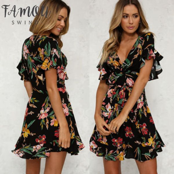 

прибытие женщин boho цветочные печати пляж платье новое лето леди партии вечера с коротким рукавом v шеи платье мини, Black;gray