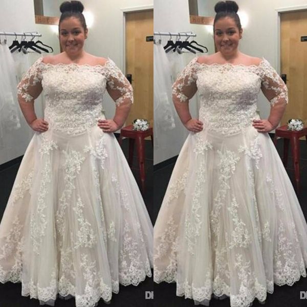 

плюс размер свадебные платья 2019 кружева с плеча половина рукава a-line женщины свадебные платья большой размер формальные vestidos de novi, White
