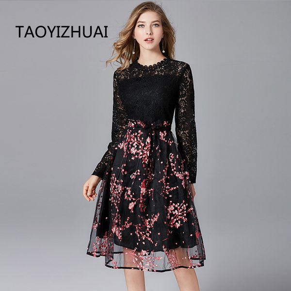 

taoyizhuai 2019 new arrival autumn high street waist plus size l print organza full length black women lace dress 11602, Black;gray
