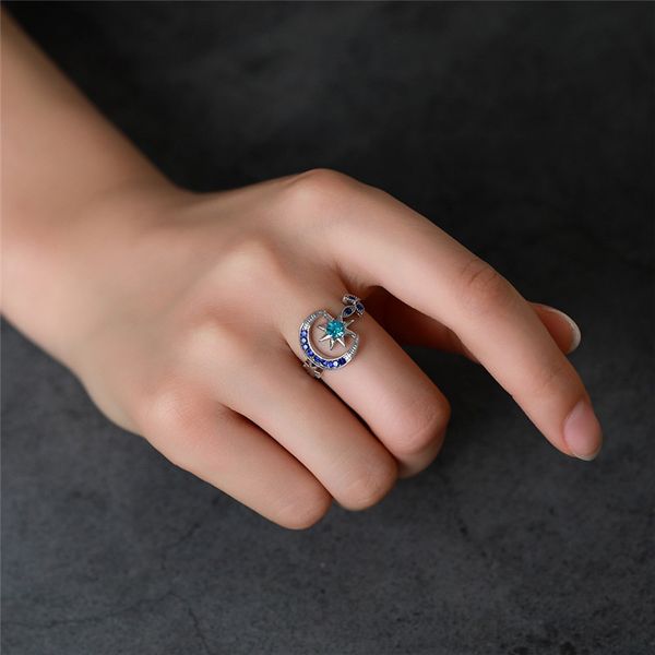 

20pcs/lot bright blue starry sky ring fashion star moon diamond open finger rings for female holiday gifts copper hand ornament, Golden;silver