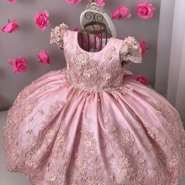 Abito da fiore senza schienale in pizzo rosa polvere abiti da ragazza a fiori senza schienale per matrimoni 3d applicato in perline per perline abiti da concorso caviglia per bambini abito da ballo 415