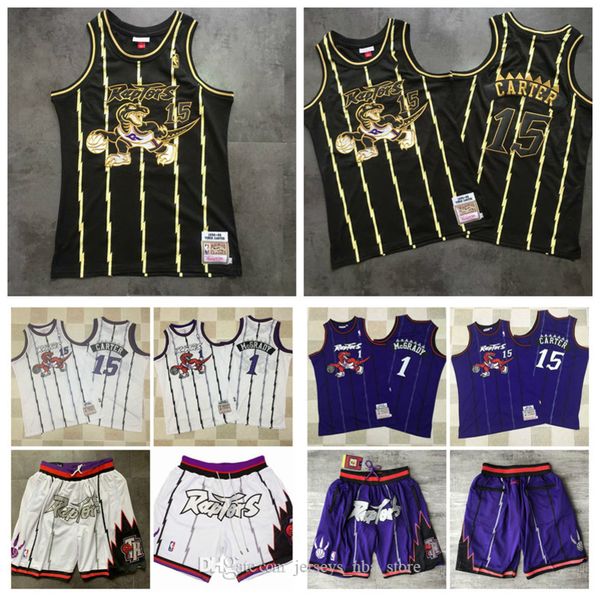 

men toronto raptors vince carter 1 mcgrady mitchell & ness black/gold white purple 1997-98 hardwoods classics jersey01 04, Black;red
