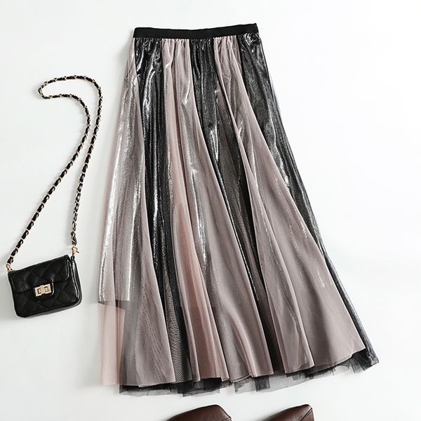 

2019 early autumn new skirt mesh gauze stitching sweater half-length skirt sparkling blingbling fairy a word, Black