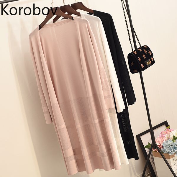 

korobov korean loose casual women cardigans vintage solid hollow out long sweaters thin plus size sueter mujer 78443, White