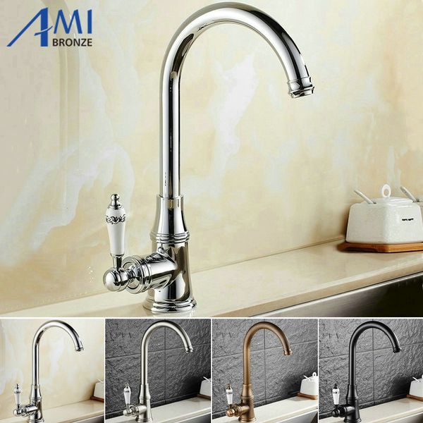 

kitchen faucet 360 swivel basin faucet brass cold mixer sink tap porcelain handle chrome/nickel/antique/black 9098 series
