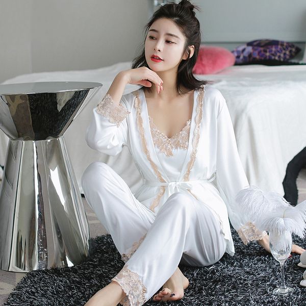 

summer women fashion silk satin cardigan lace shirts camisole pants 3 piece pajamas sets sleep lounge pijama pyjamas homewear, Black;red