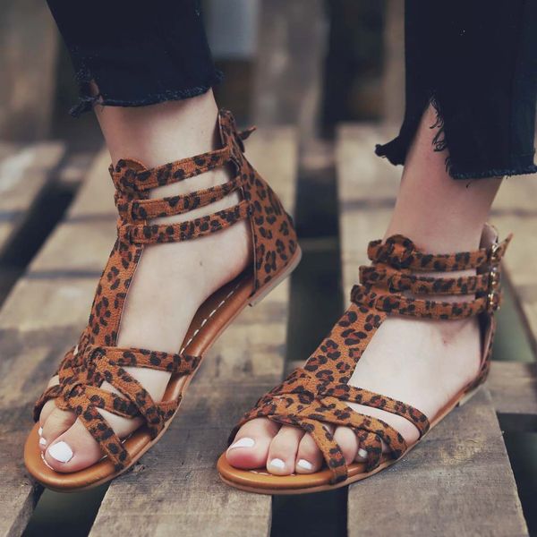 

retro leopard sandals women shoes summer 2019 fashion buckle strap flat peep toe women sandals 2019, Black