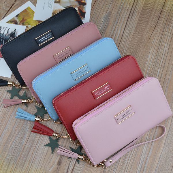 

large capacity women wallets&clutch soft leather ladies handbag wristband female wallet phone pocket tassel card purse, Red;black