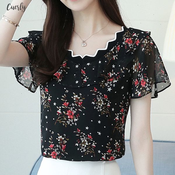 

women blouse and 2020 red floral chiffon women blouse shirt female short sleeve shirts v collar ladies blusas chiffon 0573, White