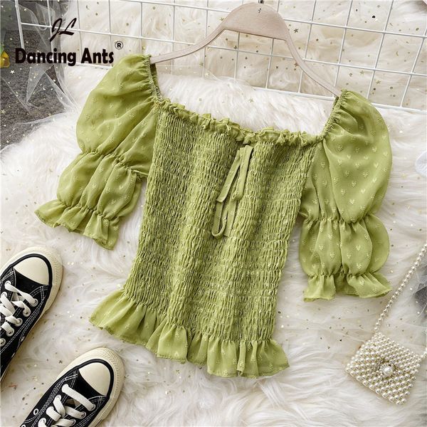 

women shirts square collar short sleeve elastic waist chiffon slim 2020 summer new female elegant ruffles short blouse, White