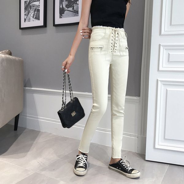 

women's jeans 2021 women fashion ankle-length pants europe lace-up bowknot slim pencil stylish panter female, Blue