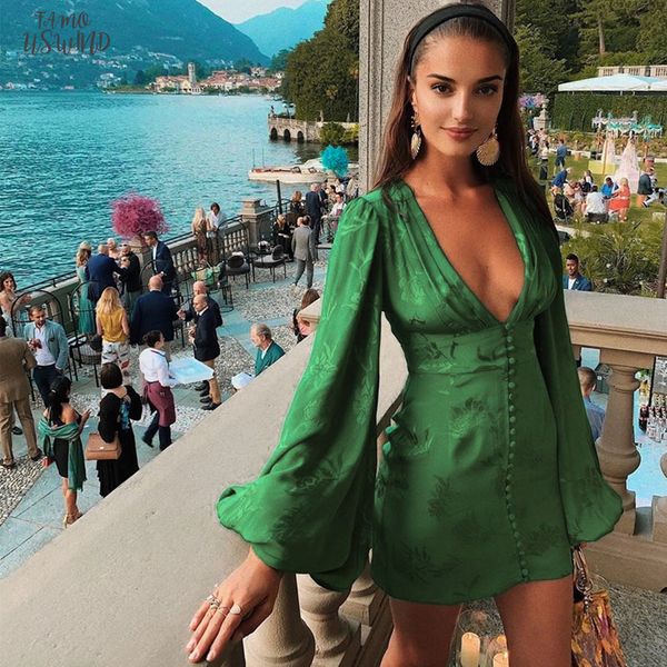

v neck short party dress lantern sleeve green ribbon elegant dress women lantern sleeve single breasted a line mini dress summer, Black;gray