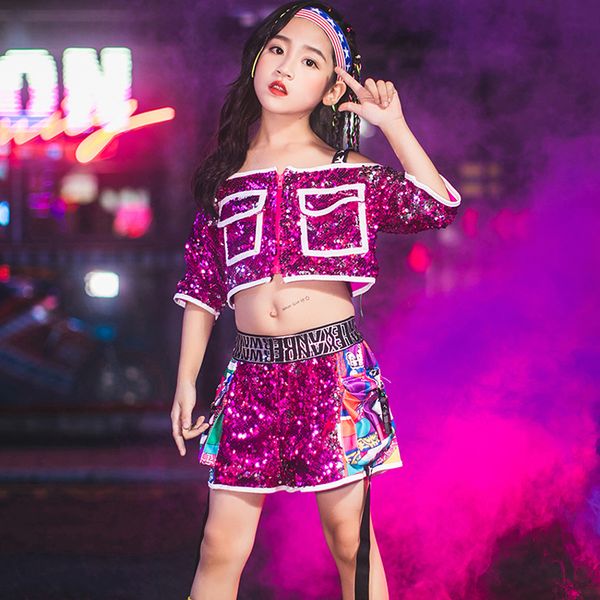 

children sequins clothing summer girls shorts 2 pcs sets jazz dance costume set kids hip hop street dance costume dwy2024, Black;red