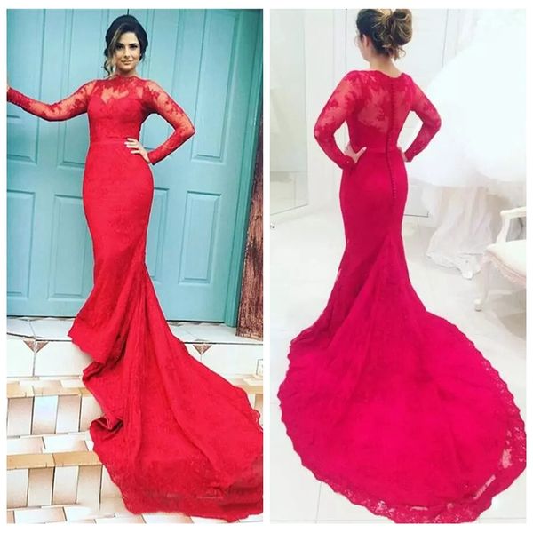 

2019 modest lace long sleeves mermaid evening dresses custom formal women maxi party lace appliques prom party gowns slim special occasion, Black;red