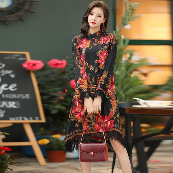 

женский дизайнер chengzhao элегантный темперамент шелковый летний свободный тонкий воротник-стойка с принтом a-line dressf8kx, Black;gray