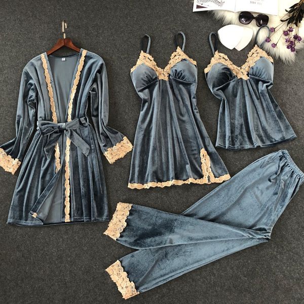 

4 pieces velvet pajamas sets solid color lace spaghetti strap nightgown women winter pants soft pyjama with chest pads, Black;red