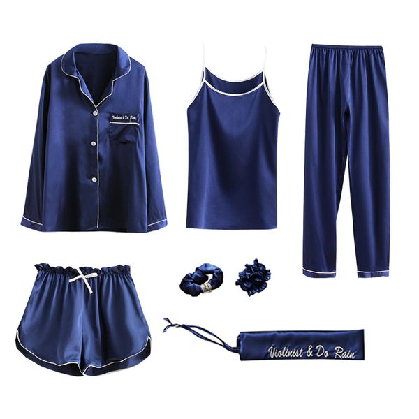 

7 piece pajamas for women spring and autumn silk summer home service suit shorts sling sleepwear set clothing, Blue;gray
