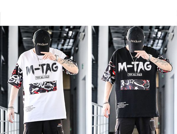 

guochao 2020 new men's short sleeve t-shirt men's personality fashion brand men's fashion rock medium sleeve youth half sleev, White;black