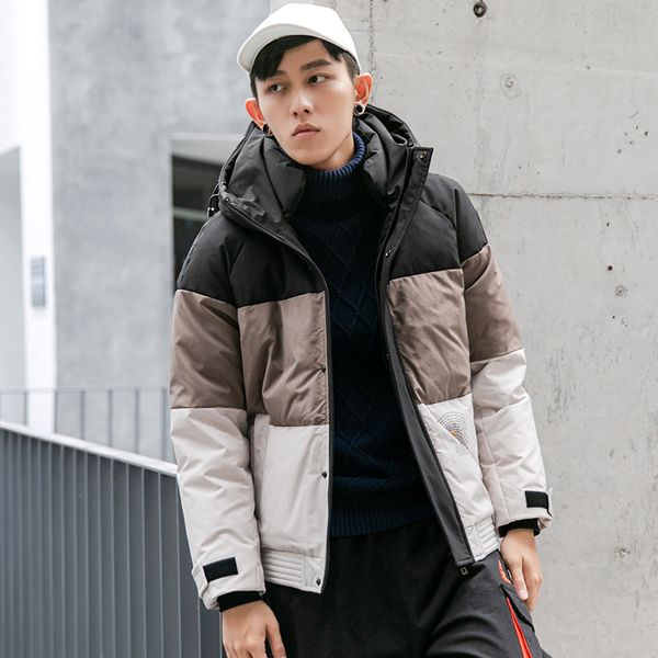 

новый 2019 зима новый ins тенденция с капюшоном цвет вставки 90 бархатных куртки мужчины случайных мужчин пуховик мужчин, Black