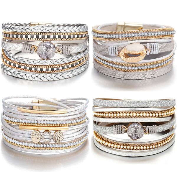 

diezi bohemian multilayer crystal wrap bracelets for women gift magnet buckle silver color pu leather bracelets bangles 2020 new