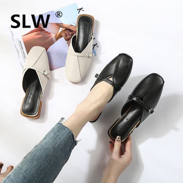 

mules low buckle square buckle rubber closed toe retro slides square toe slipper hoof heels strap pearl rubber sandals, Black