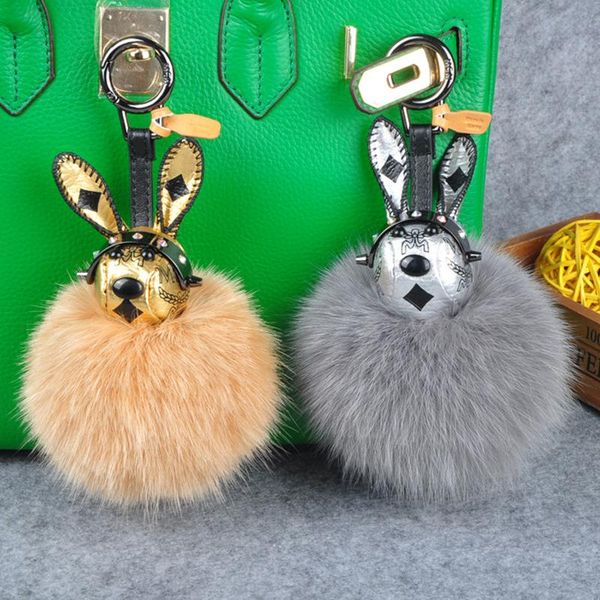 

новый подарок cute rabbit charm real fox fur ball пушистый брелок автомобиля key chain кольцо подвеска для сумки шарм горячие продажи, Slivery;golden