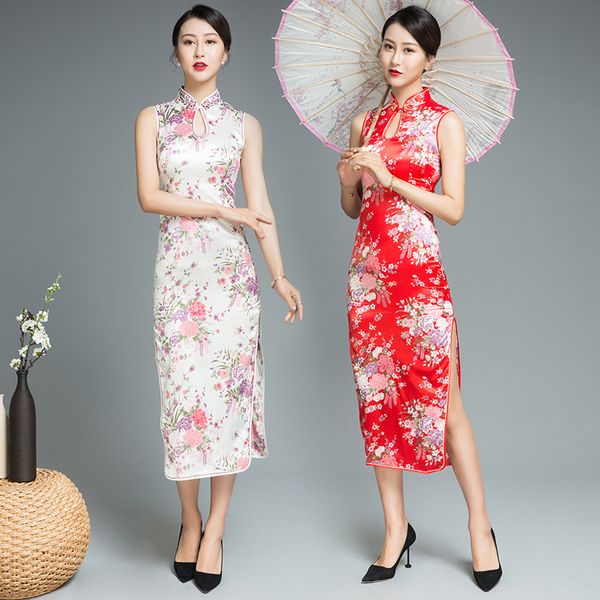 

plus size 3xl rayon ladies elegant cheongsam high split sleeveless prom party chinese dress print flower long slim qipao, Red