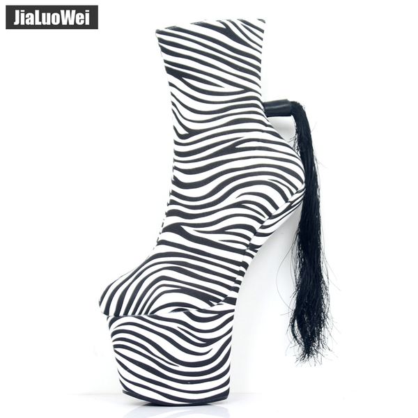 

jialuowei brand designer fetish zebra print 20cm extreme high heel platform women fashion charming ankle boots size 36-46, Black